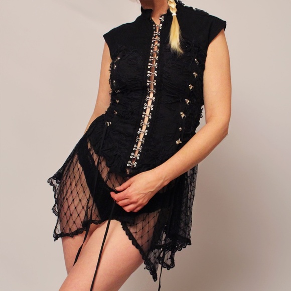 LIP SERVICE | Distressed Goth Corset With Silver Clasps - ONE OF A KIND - Picture 1 of 4